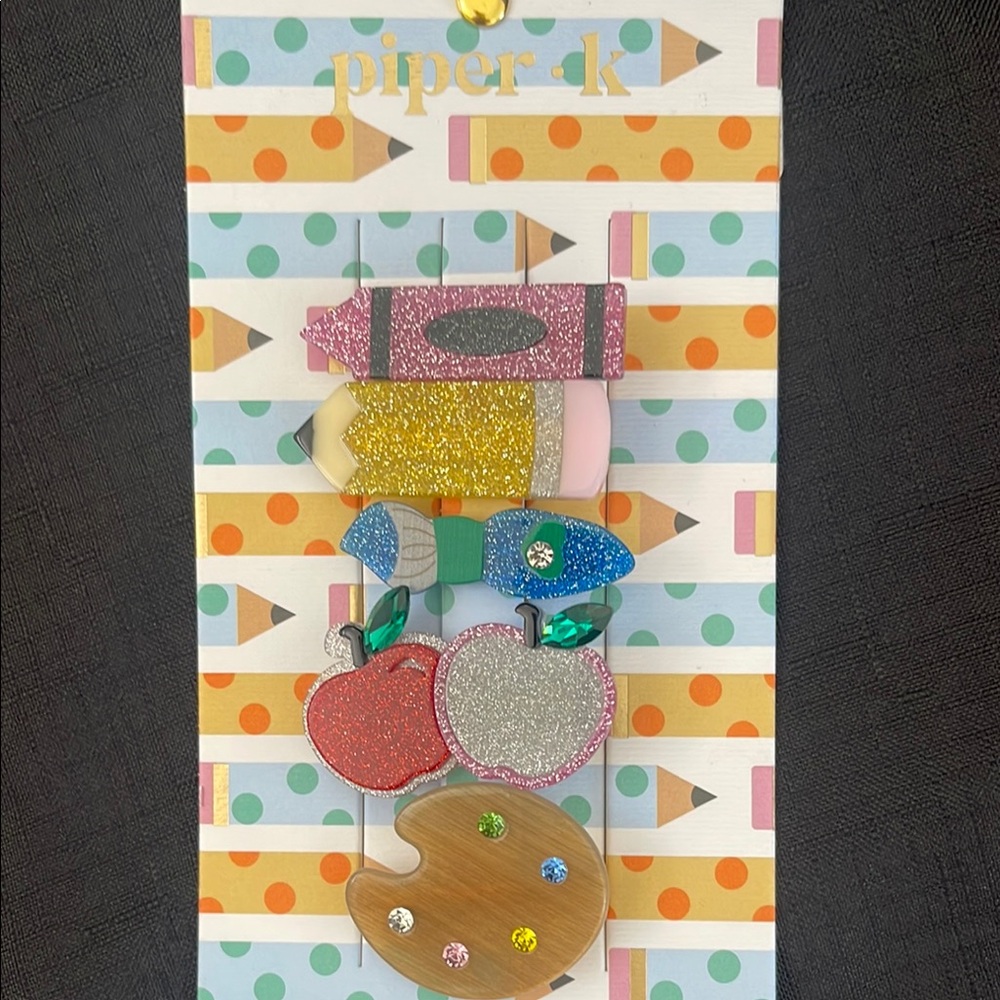 Piper K Glittery School-Themed Hair Clips Pencil Paintbrush Crayon Apple Palette